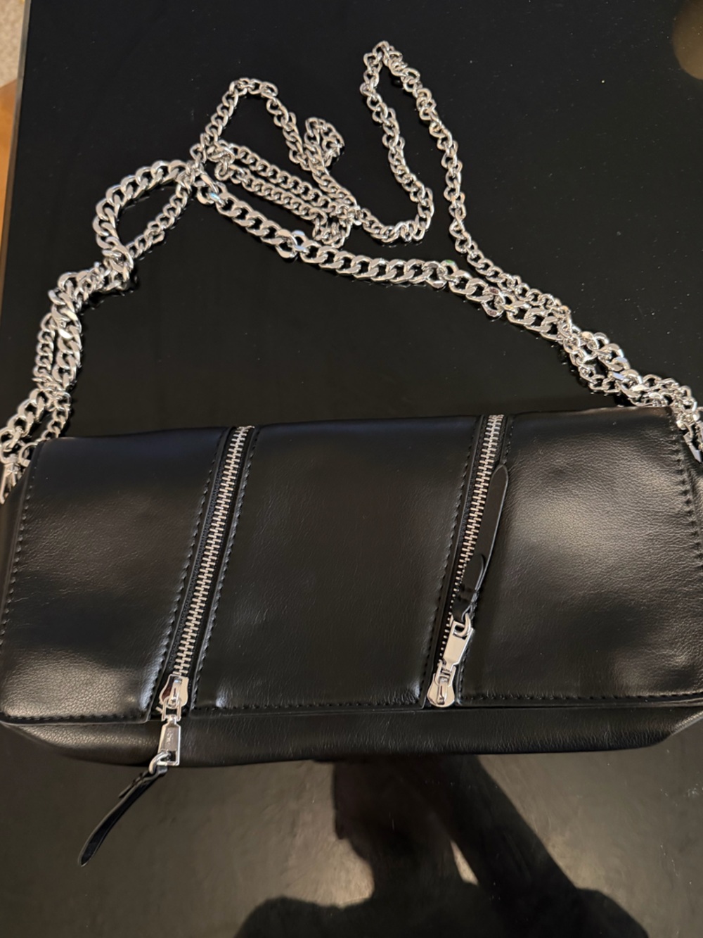 Zara Black Leather Crossbody Bag with Silver Chain